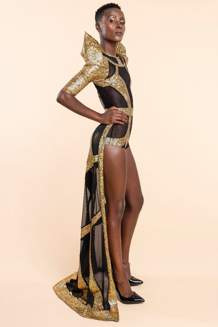 Gold Black Mesh Bodysuit With Train | Luxury Stage Costume