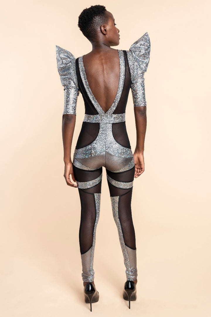 Holographic Silver & Black Mesh Catsuit | Futuristic Luxury Fashion