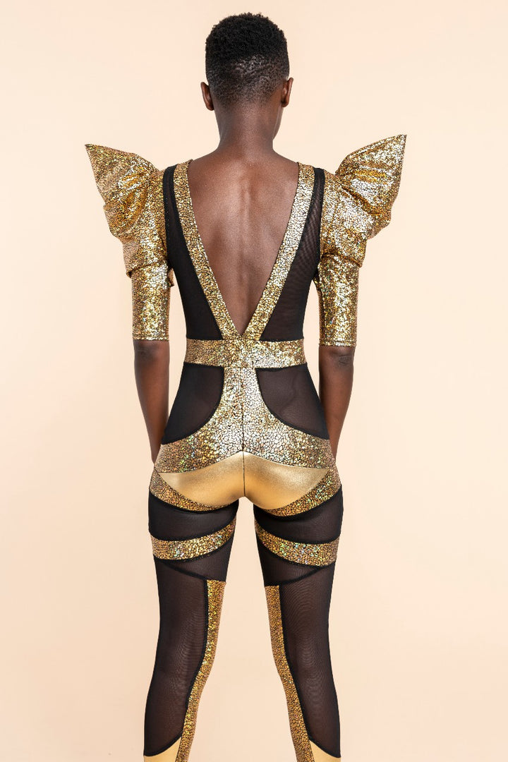 Gold Luxury Designer Catsuit | Futuristic Stage Costume