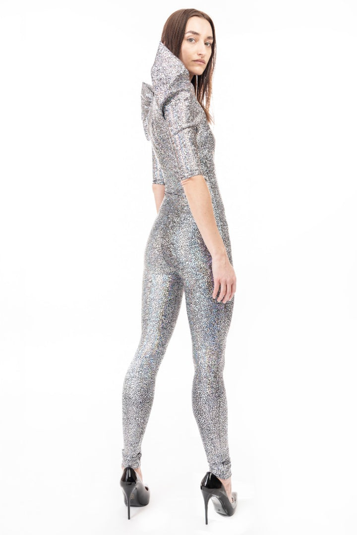 Futuristic Fashion | Sexy Deep V Catsuit In Silver Holographic & Mesh | Pointy Puff Sleeve Catsuit