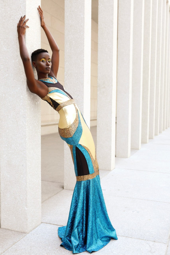 Rockstar Cleopatra Gown | Gold & Turquoise Red Carpet Dress