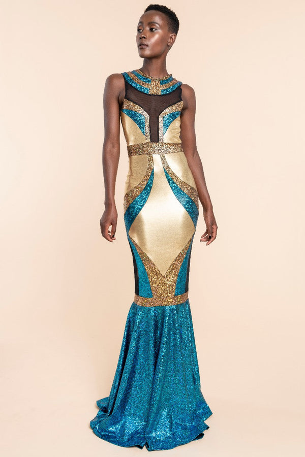 Rockstar Cleopatra Gown | Gold & Turquoise Red Carpet Dress