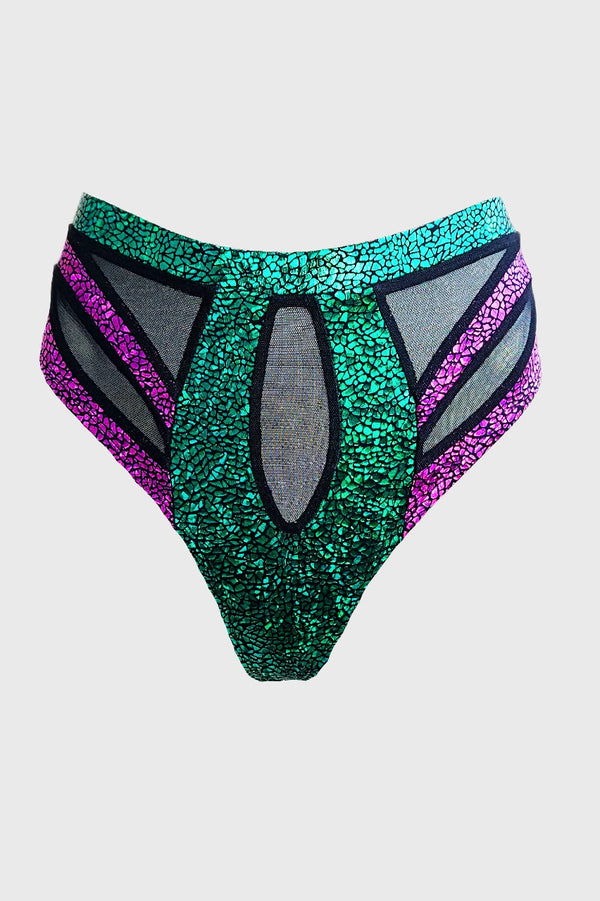 Intergalactic High Waist Thong, Green/ Hot Pink