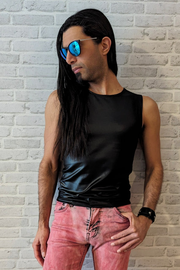 Mens Tank Top, Black Wet-Look