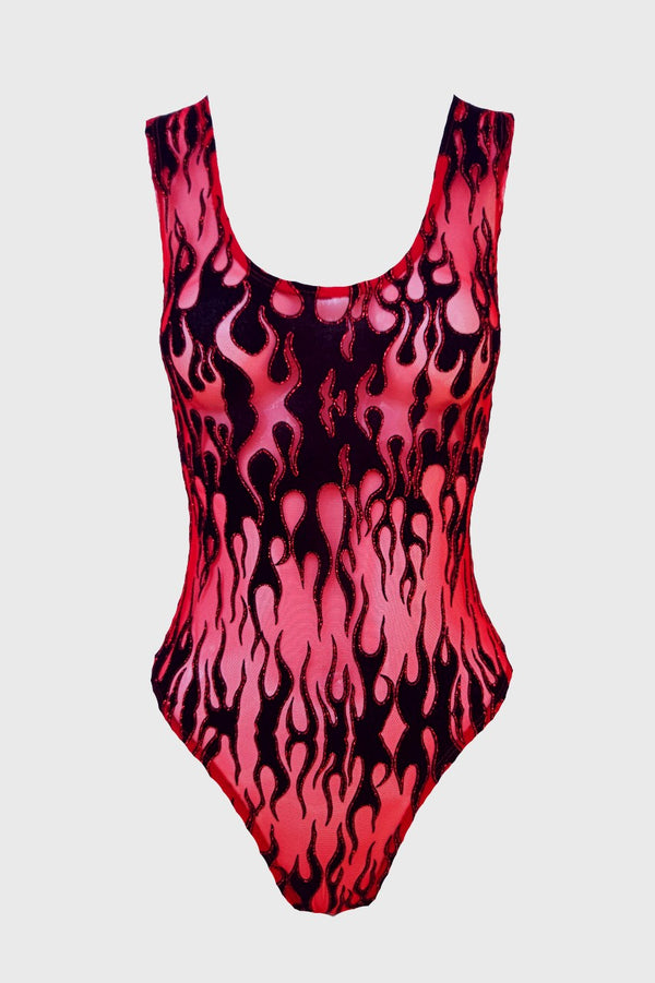Red & Black Flames Mesh Thong Bodysuit - LTD Edition