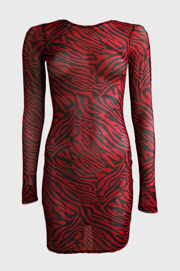 Sheer Mesh Mini Dress, Red/Black Zebra Print