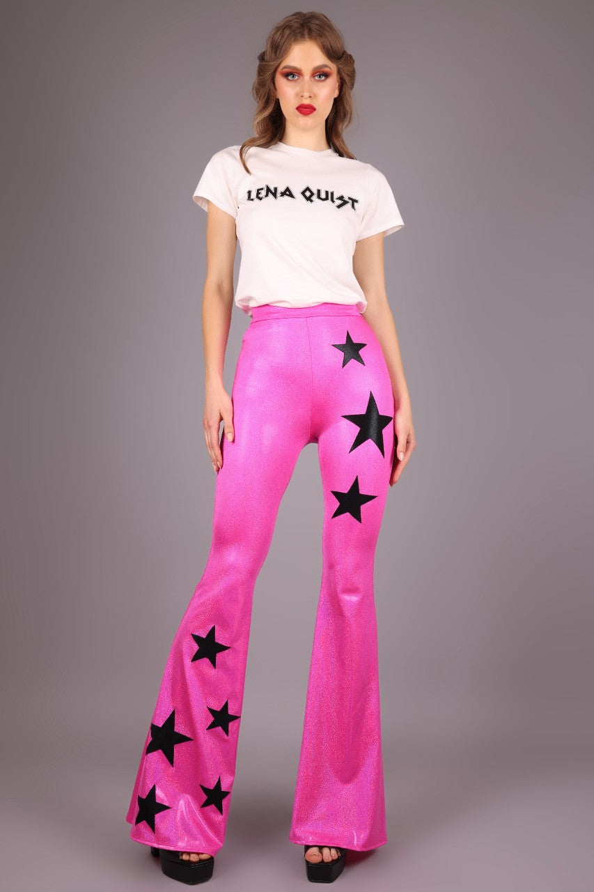 High Waist Rockstar Bell Bottom Leggings, Hot Pink