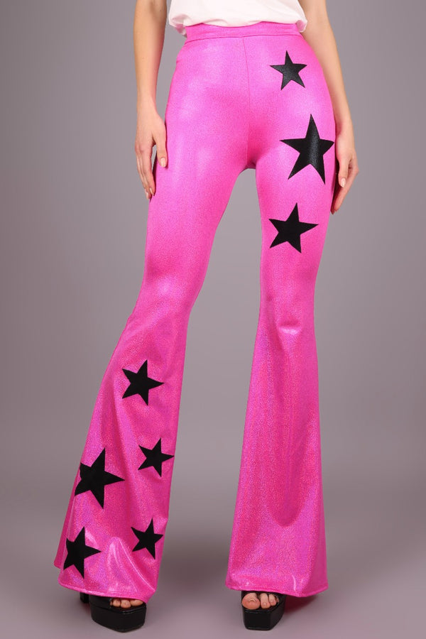 High Waist Rockstar Bell Bottom Leggings, Hot Pink