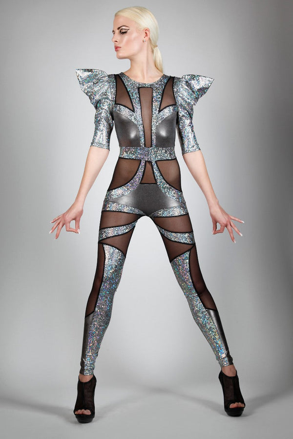 Holographic Silver & Black Mesh Catsuit | Futuristic Luxury Fashion