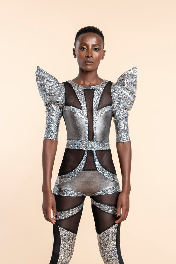 Holographic Silver & Black Mesh Catsuit | Futuristic Luxury Fashion