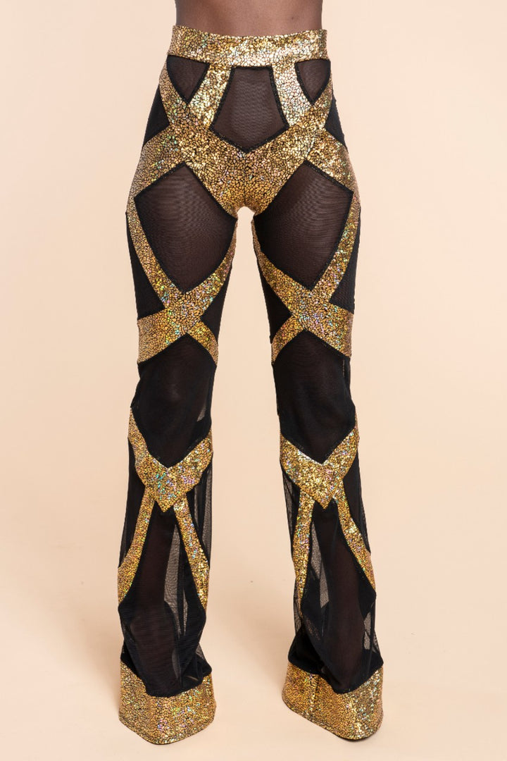 Sheer Mesh & Gold Holographic Bell Bottom Leggings