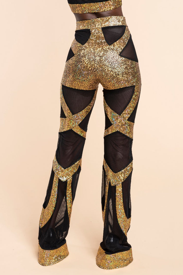 Sheer Mesh & Gold Holographic Bell Bottom Leggings