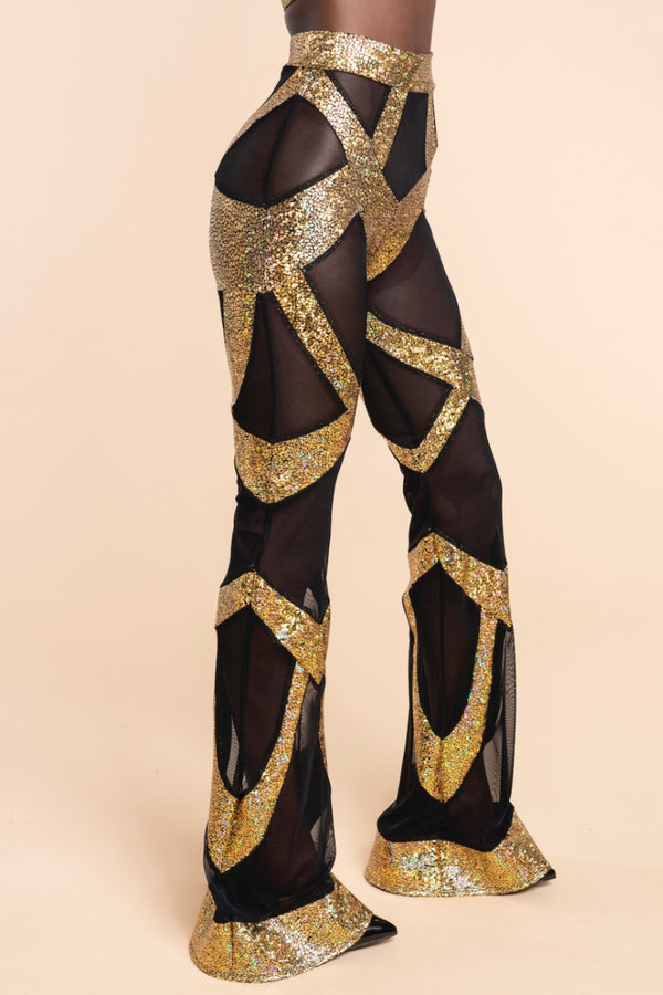 Sheer Mesh & Gold Holographic Bell Bottom Leggings