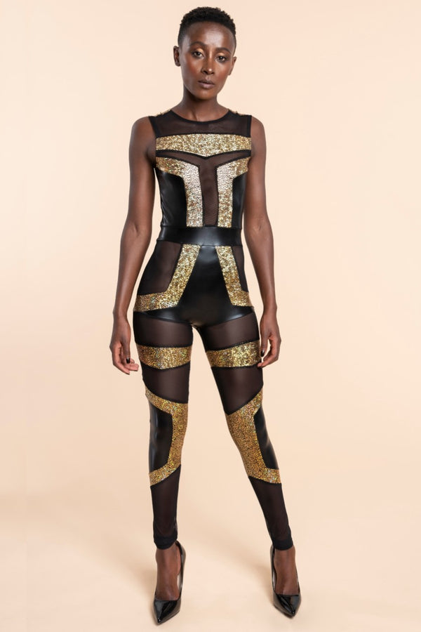 Gold Black Mesh Catsuit | Luxury Designer Catsuit