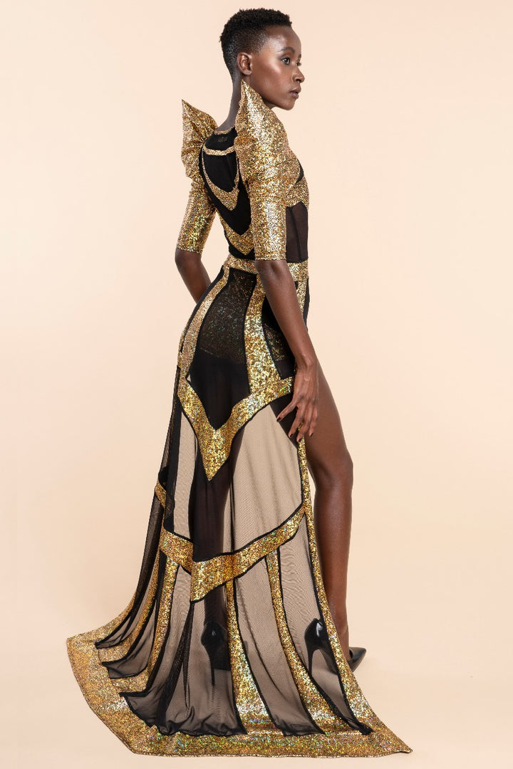Gold Spandex & Black Mesh Bodysuit With Train | Luxury Stage Costume XS Gold Spandex & Black Mesh Bodysuit With Train | Luxury Stage Costume XS