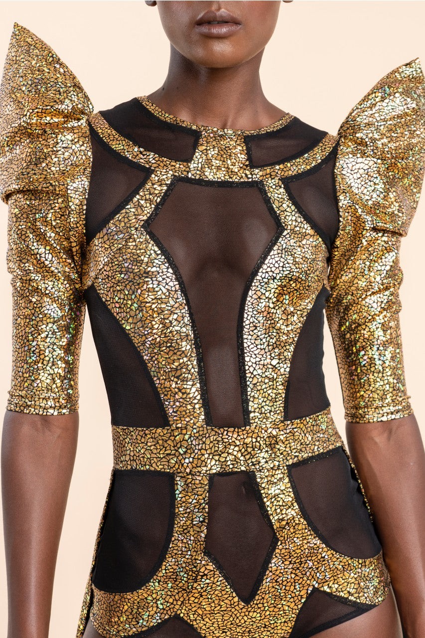 slim fit dress slacks Gold Spandex & Black Mesh Bodysuit with Train