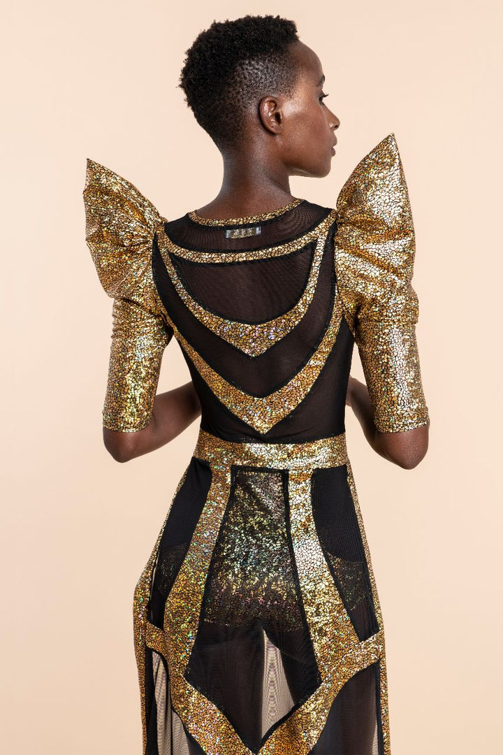 Futuristic Egyptian Stage Costume | Gold Black Mesh Bodysuit With Train