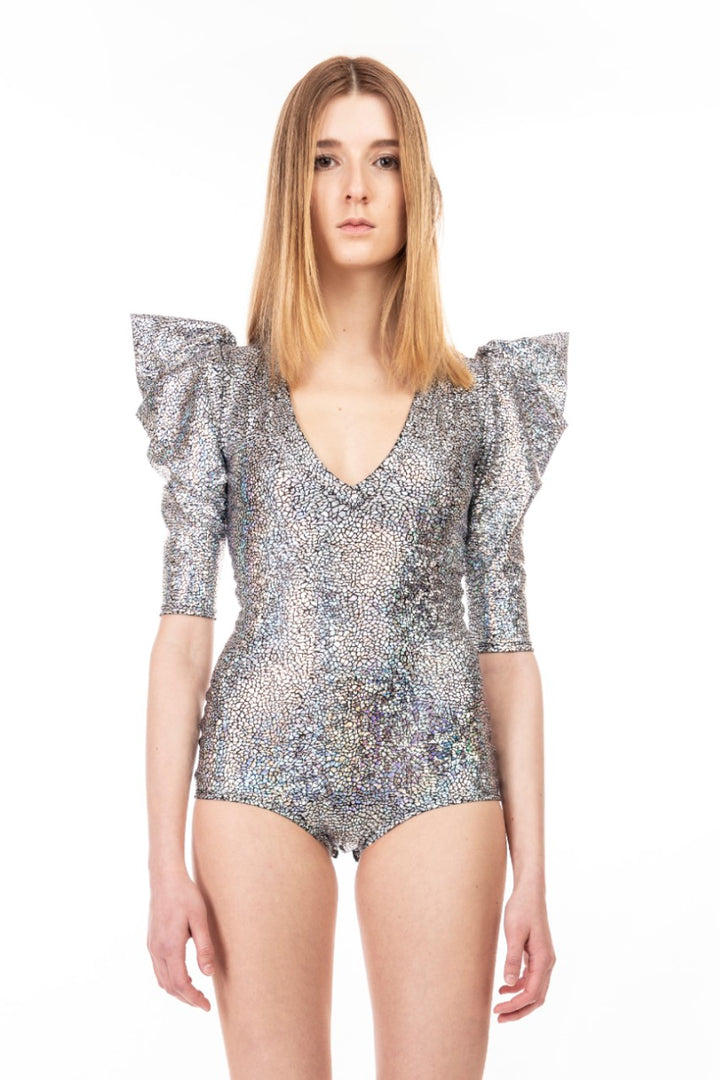 Futuristic Silver Bodysuit | Holographic Leotard