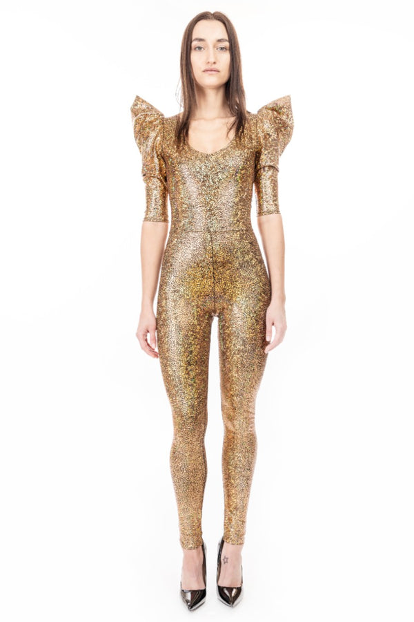Holographic Gold Catsuit | Pointy Puff Sleeve Designer Catsuit