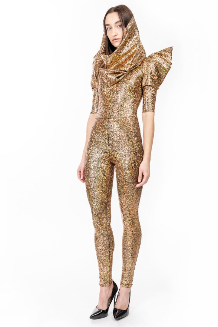 Holographic Gold Catsuit | Pointy Puff Sleeve Designer Catsuit