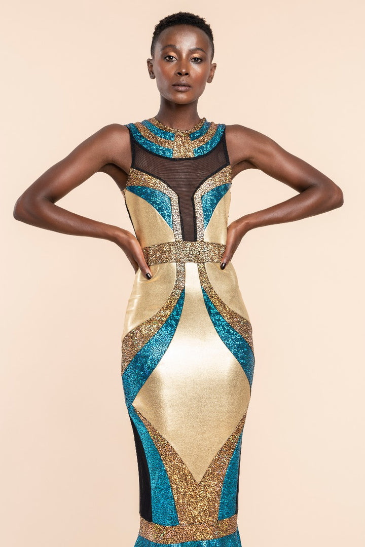 Rockstar Cleopatra Gown | Gold & Turquoise Red Carpet Dress