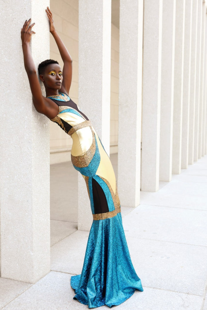 Rockstar Cleopatra Gown | Gold & Turquoise Red Carpet Dress