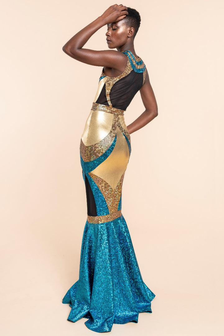 Rockstar Cleopatra Gown | Gold & Turquoise Red Carpet Dress