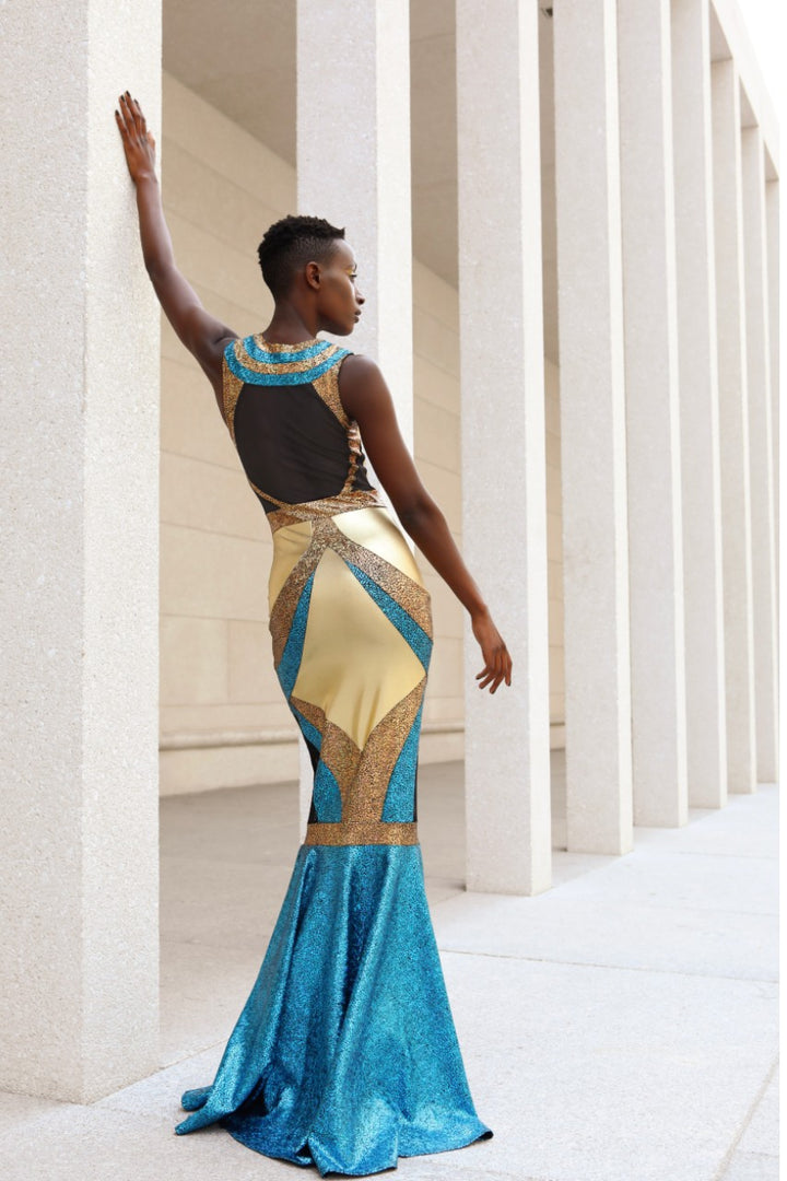 Rockstar Cleopatra Gown | Gold & Turquoise Red Carpet Dress