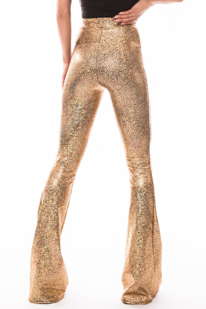 Gold Bell Bottom Leggings | High Waist Holographic Leggings