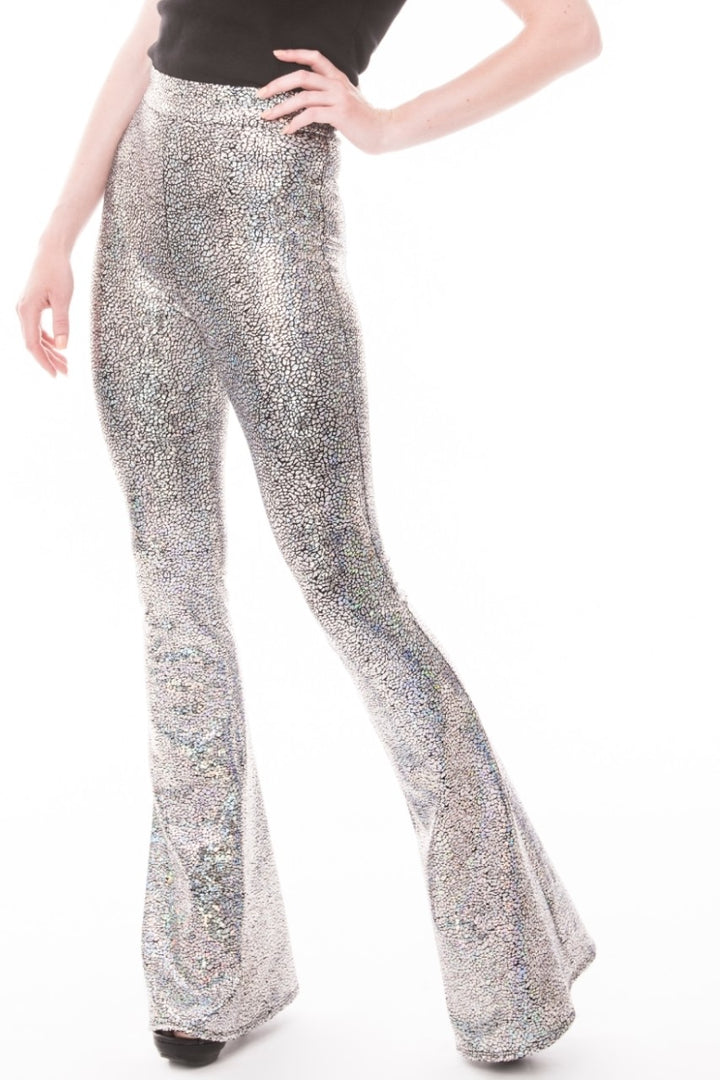 Holographic Silver Bell Bottom Leggings | 70's Retro Futurism 