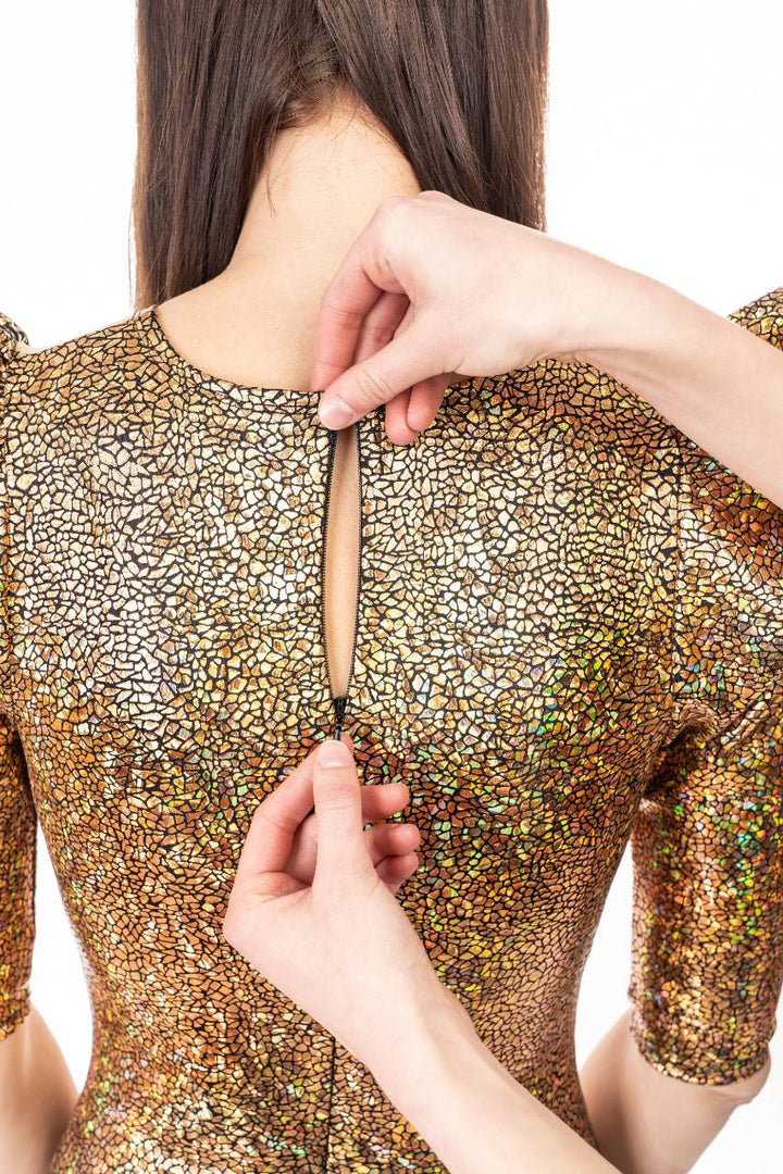 Sexy Deep V Catsuit In Gold Holographic, Metallic & Mesh 