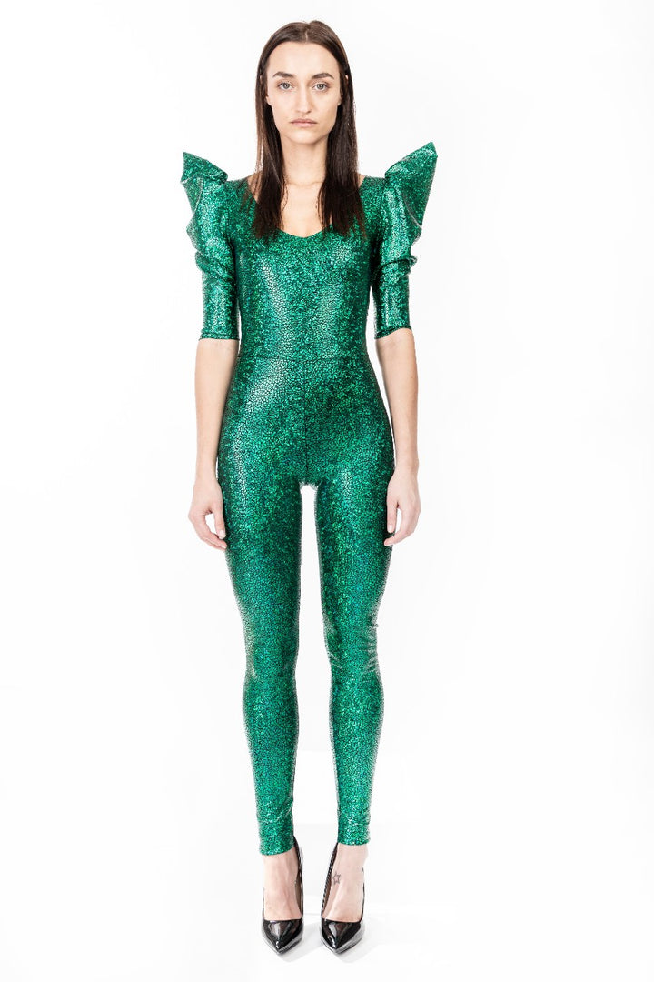 Holographic Green Catsuit | Pointy Puff Sleeve Catsuit