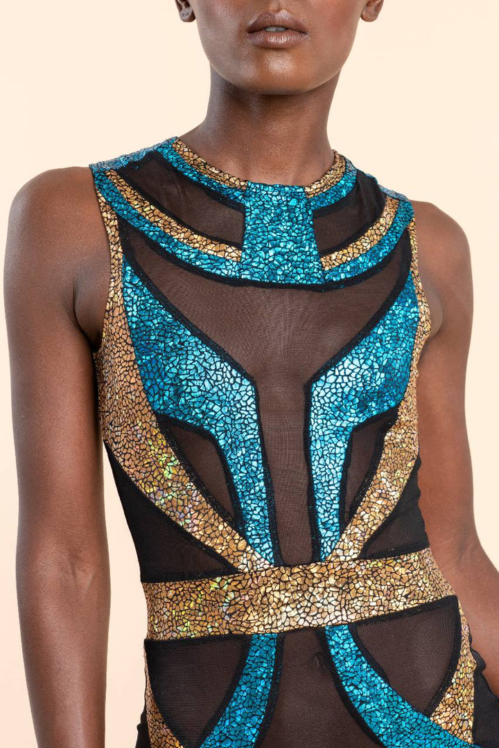 Egyptian Goddess Dance Costume | Holographic & Sheer Bodysuit