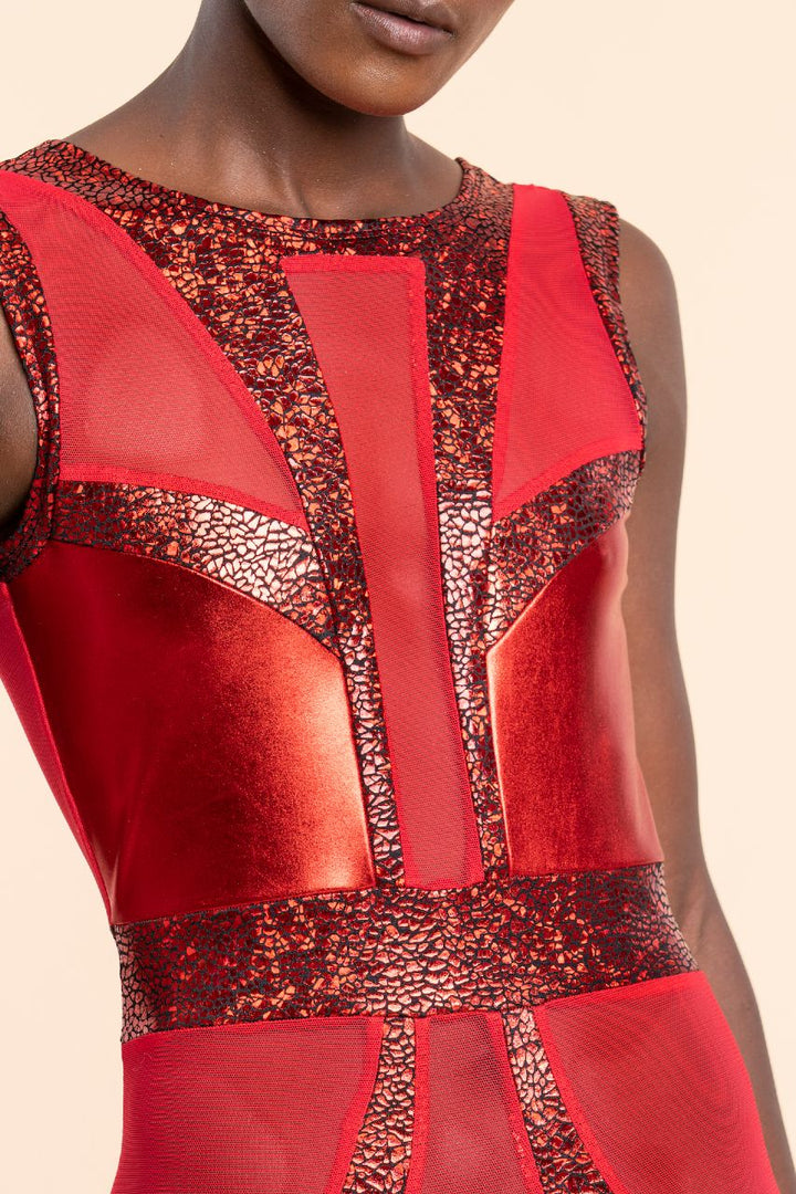 Luxury Designer Circus Costume | Red Metallic & Mesh Catsuit