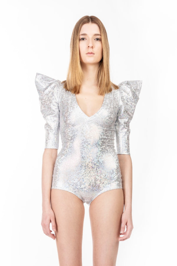 White & Silver Holographic Bodysuit | Futuristic Leotard 