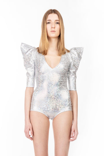 White & Silver Holographic Bodysuit | Futuristic Leotard 
