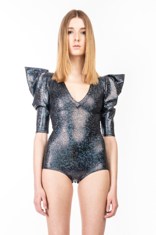 Black Holographic Bodysuit With Pointy Puff Sleeves