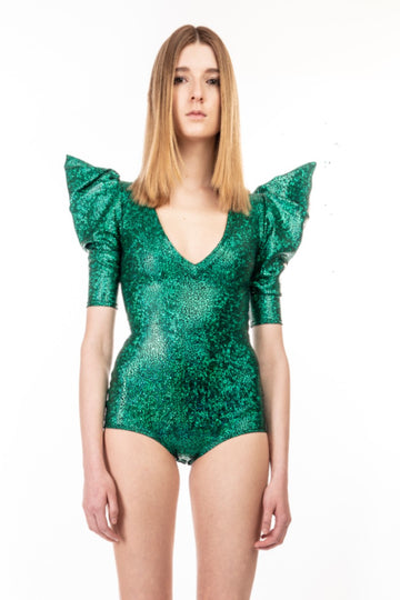 Green Holographic Bodysuit With Pointy Puff Sleeves