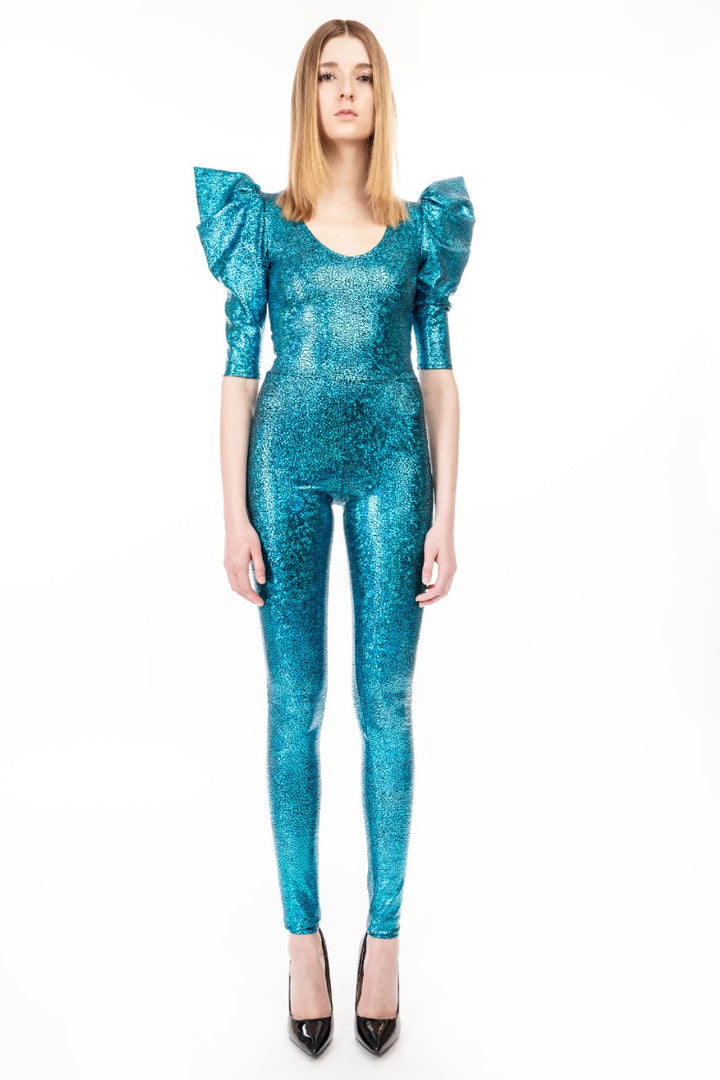 Turquoise Holographic Catsuit | Ocean Blue Futuristic Dance Costume
