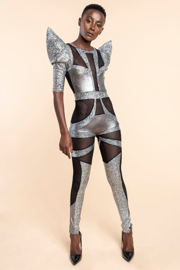 Holographic Silver & Black Mesh Catsuit | Futuristic Luxury Fashion
