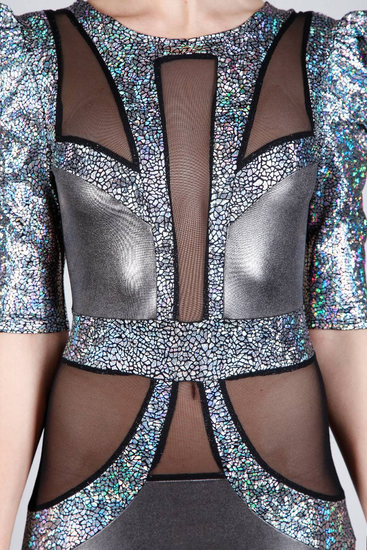 Holographic Silver & Black Mesh Catsuit | Futuristic Luxury Fashion