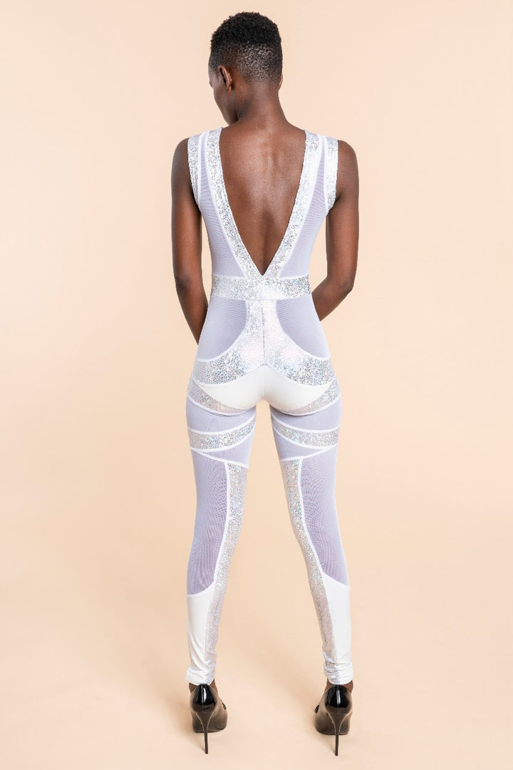 Futuristic Bridal Catsuit | Holographic White & Mesh Catsuit