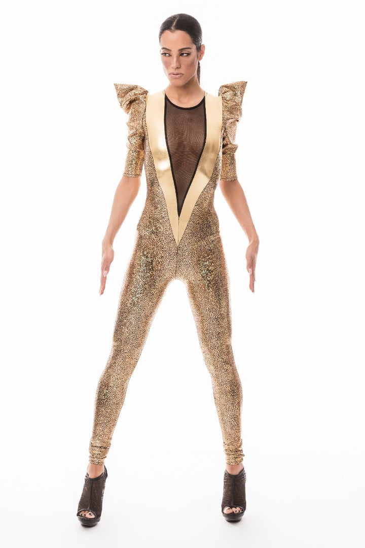 Sexy Deep V Catsuit In Gold Holographic, Metallic & Mesh | Pointy Puff Sleeve Catsuit