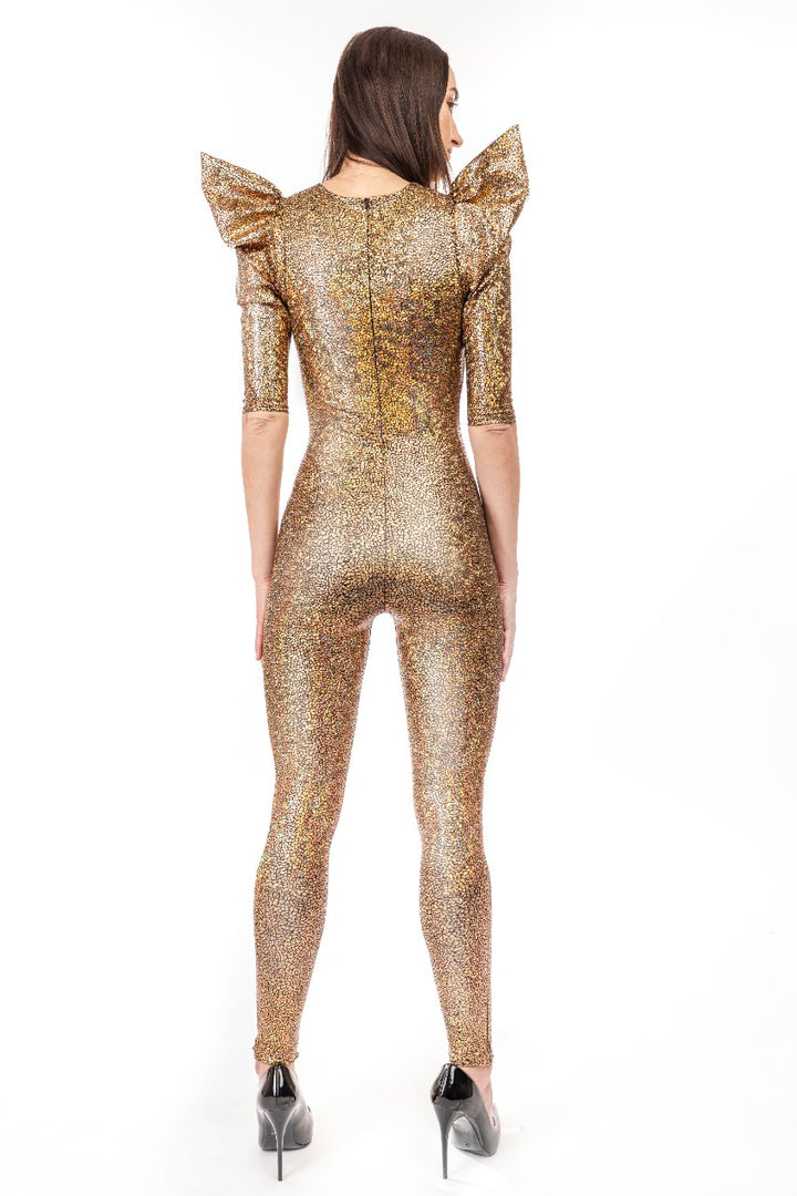 Sexy Deep V Catsuit In Gold Holographic, Metallic & Mesh 