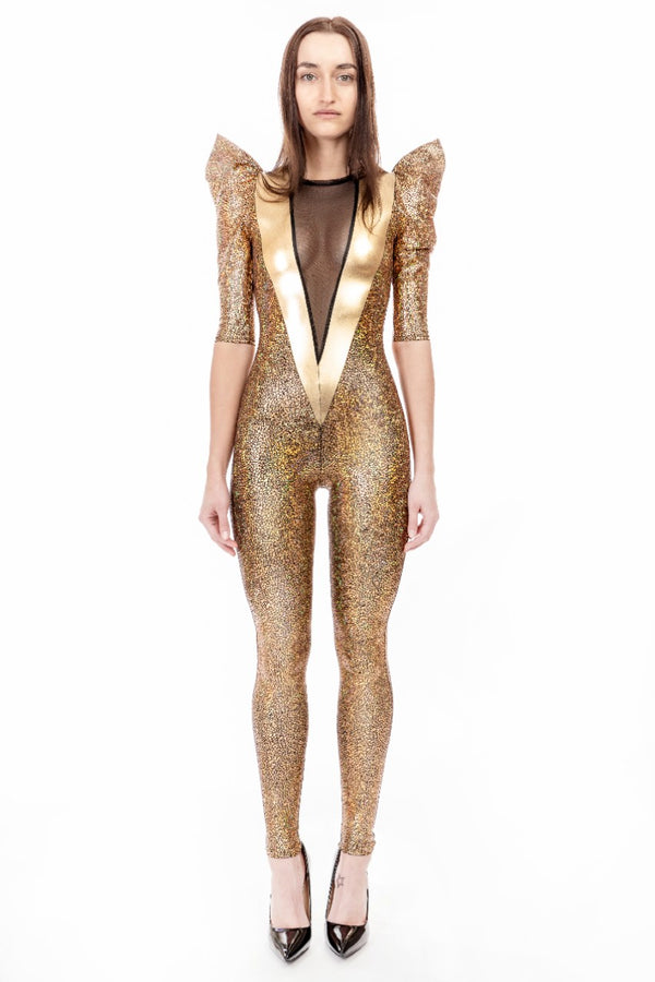 Sexy Deep V Catsuit In Gold Holographic, Metallic & Mesh 