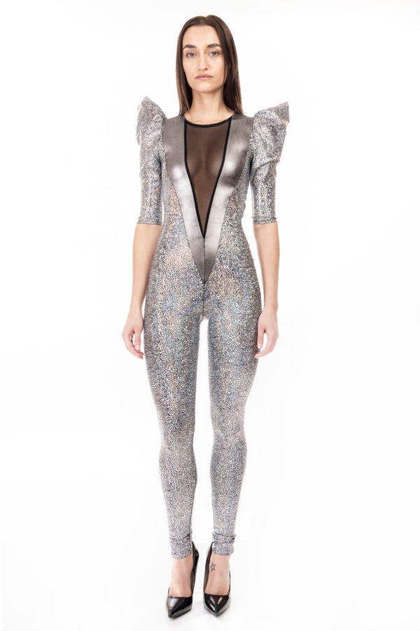 Futuristic Fashion | Sexy Deep V Catsuit In Silver Holographic & Mesh