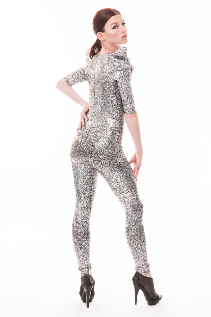Futuristic Fashion | Sexy Deep V Catsuit In Silver Holographic & Mesh
