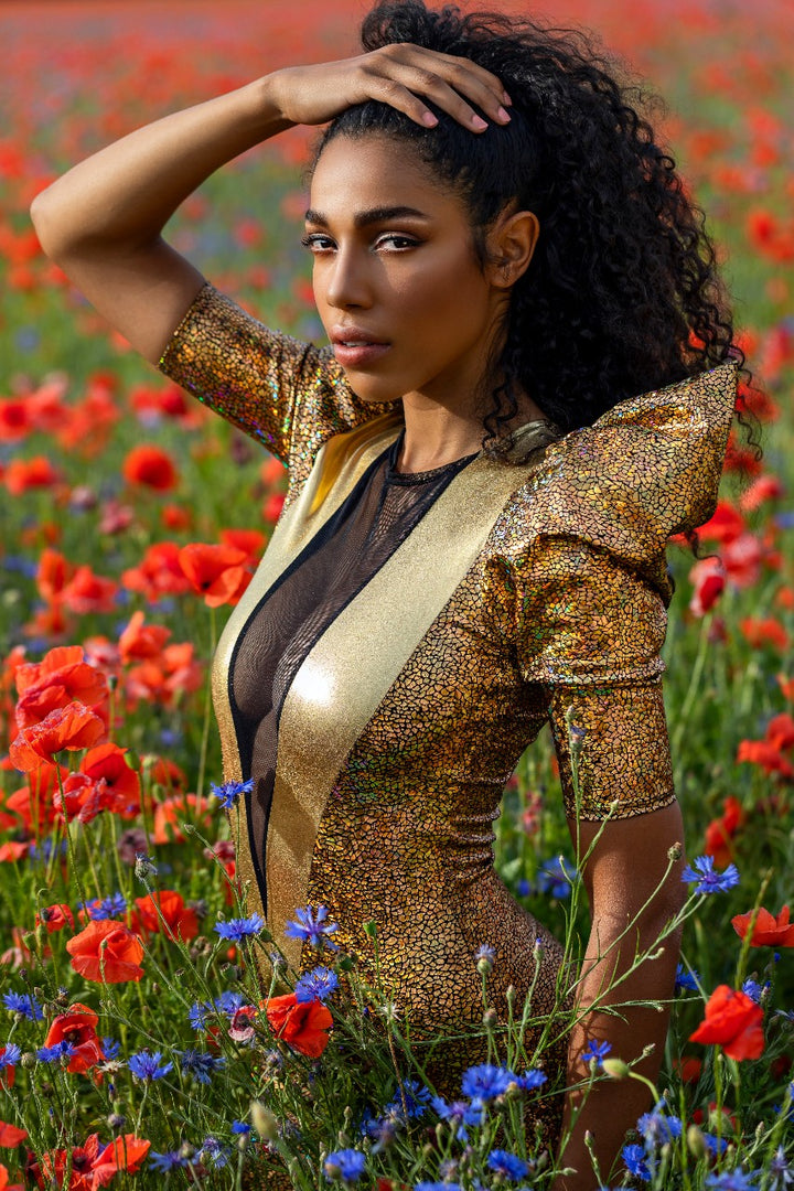 Sexy Deep V Catsuit In Gold Holographic, Metallic & Mesh | Germany's Next Top Model Shari Streich